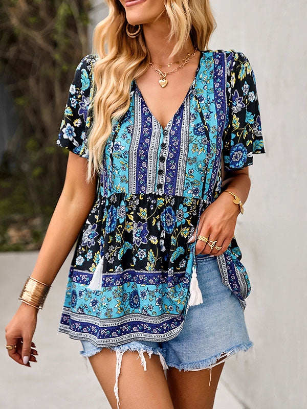 Loose Short Sleeves Buttoned Flower Print Split-Joint Tasseled Tied V-Neck T-Shirts Tops