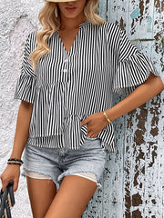 Loose Raglan Sleeve Asymmetric Falbala Pleated Split-Joint Striped Tiered V-Neck Blouses&Shirts Tops