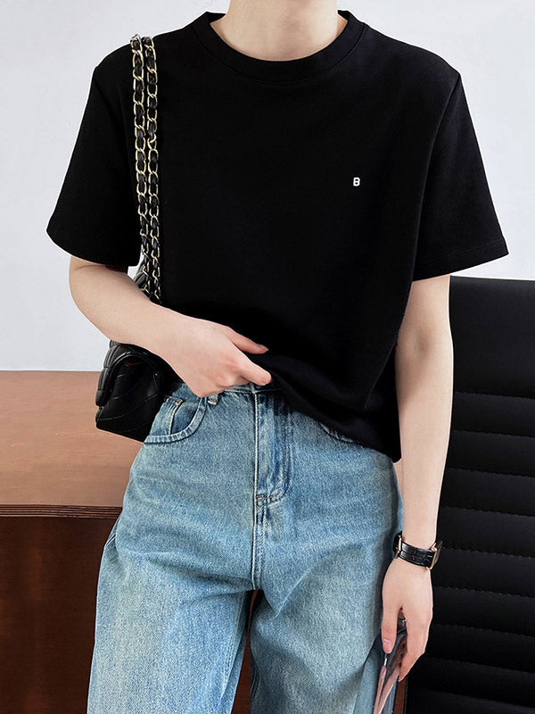 Loose Short Sleeves Embroidered Round-Neck T-Shirts Tops