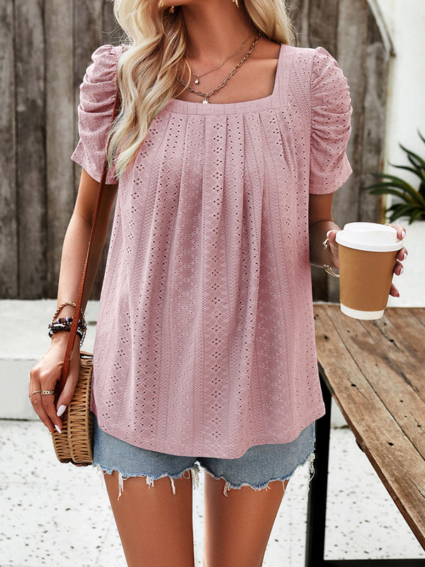 Loose Short Sleeves Hollow Pleated Solid Color Square-Neck T-Shirts Tops