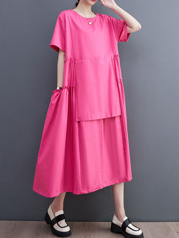 Loose Short Sleeves Solid Color Split-Joint Round-Neck Midi Dresses