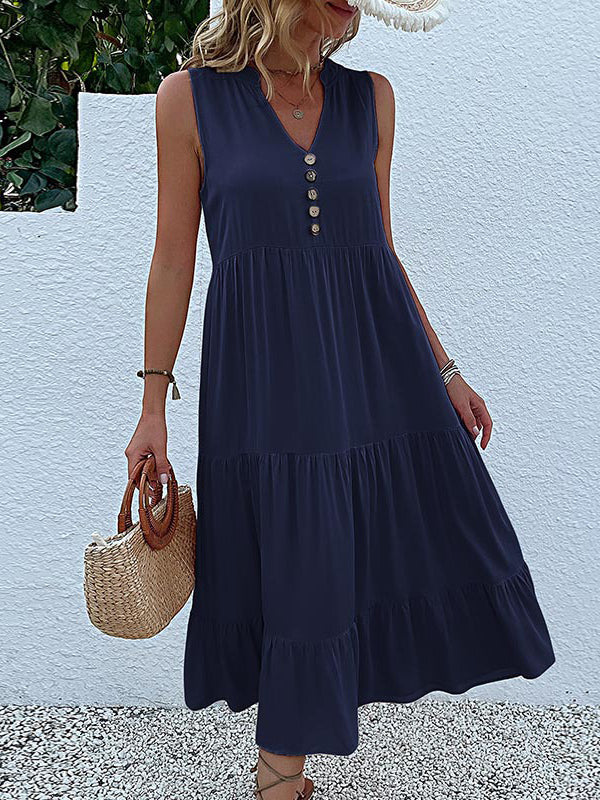 Loose Sleeveless Pleated Split-Joint V-Neck Midi Dresses