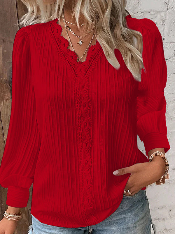 Long Sleeves Loose Hollow Solid Color V-Neck T-Shirts