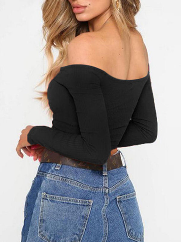 Long Sleeves Skinny Solid Color Off-The-Shoulder T-Shirts Tops