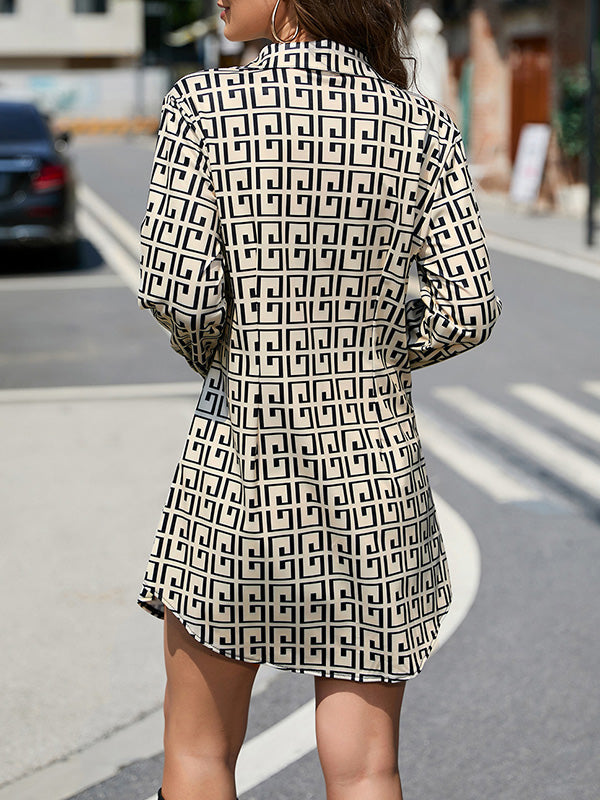 Long Sleeves Buttoned Contrast Color Printed Lapel Mini Dresses