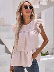 Ruffle Sleeved Round Neck Ruffled Stripe Loose Top For Women