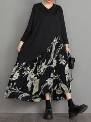 A-Line High-Low Asymmetric Flower Print Split-Joint V-Neck Midi Dresses