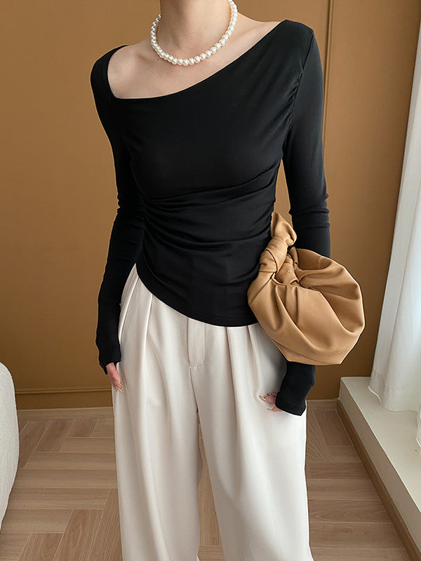 Long Sleeves Skinny Solid Color Asymmetric Collar T-Shirts Tops