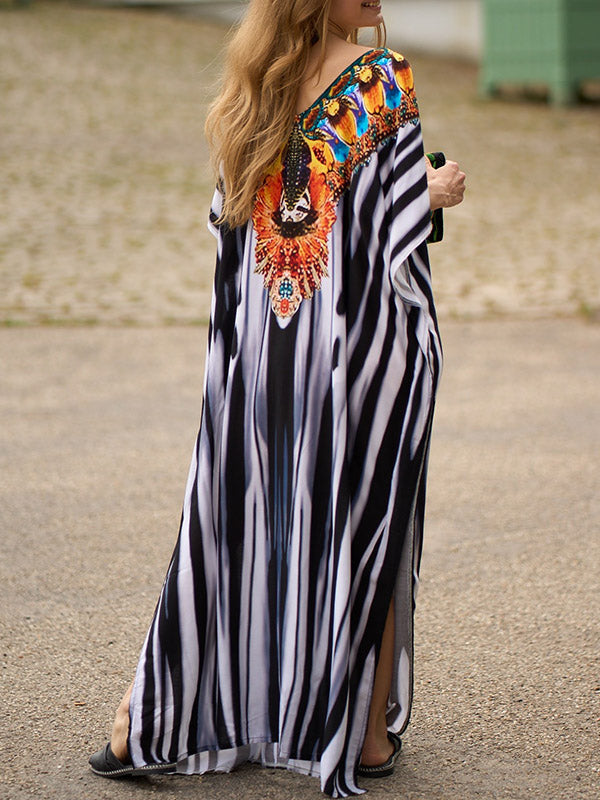 Batwing Sleeves Loose Printed Split-Side Striped V-Neck Beach Cover-Up Maxi Dresses