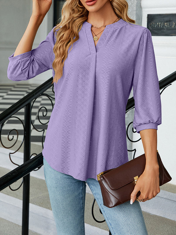 Loose Puff Sleeves Jacquard Pleated Solid Color Split-Joint V-Neck T-Shirts Tops