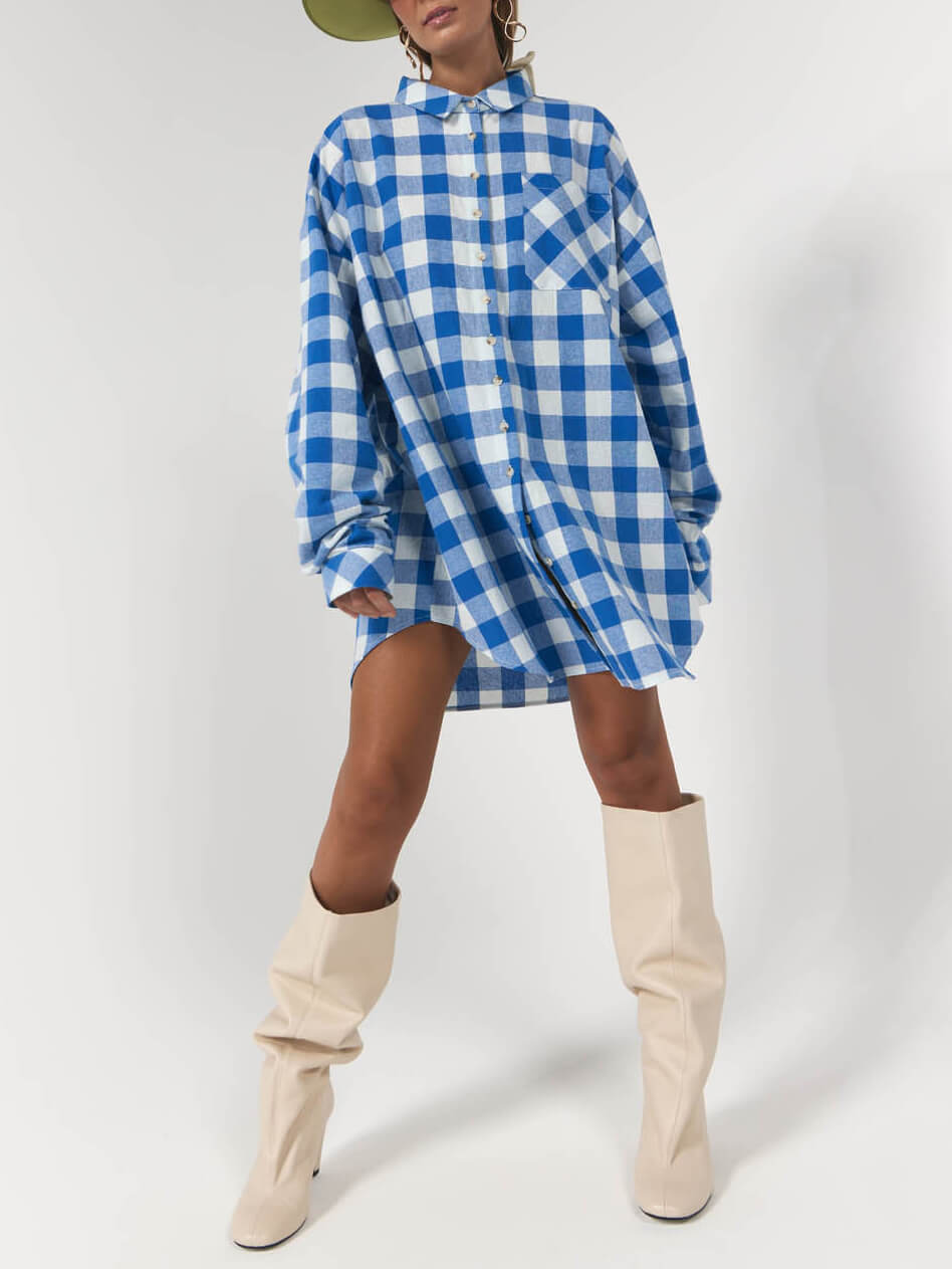 Fashionable Lapel Blue And White Plaid Loose Shirt Dress Long Shirt