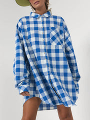 Fashionable Lapel Blue And White Plaid Loose Shirt Dress Long Shirt