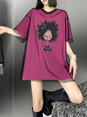 False Two Loose Gauze Printed Split-Joint Tiered Round-Neck T-Shirts Tops