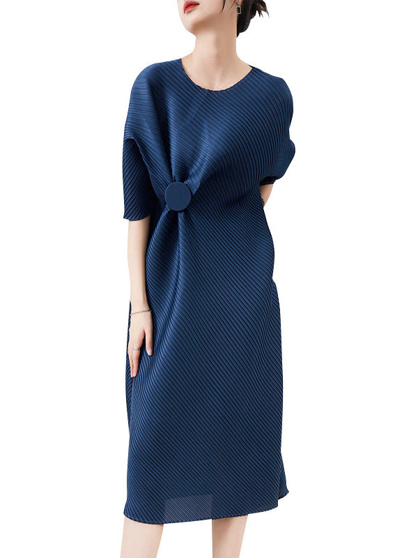 Stylish Irregularity Loose Pleated Solid Color Round-Neck Midi Dresses