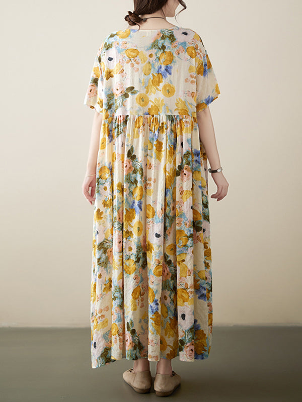 A-Line Loose Floral Printed Round-Neck Midi Dresses