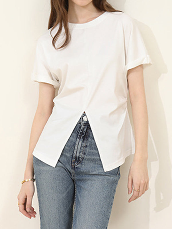 Batwing Sleeves Loose Pleated Solid Color Split-Front Split-Joint Round-Neck T-Shirts