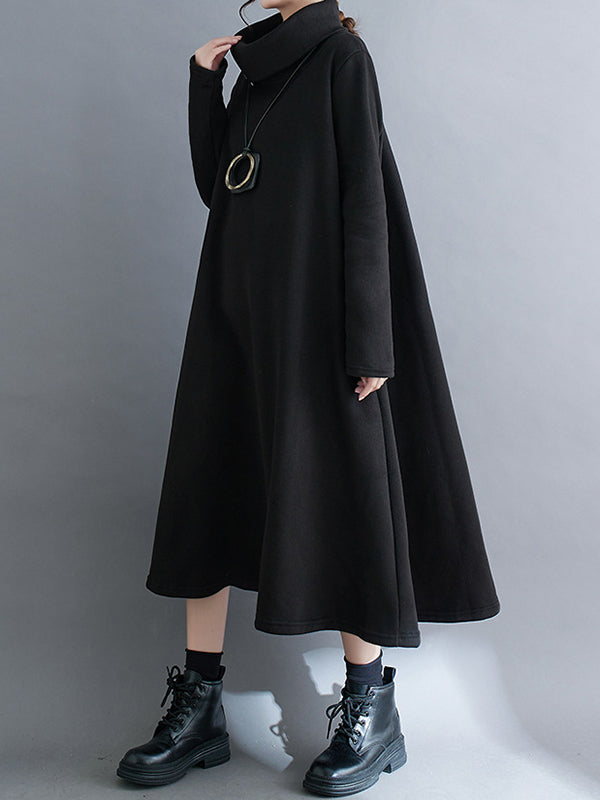 A-Line Long Sleeves Asymmetric Solid Color Zipper High Neck Midi Dresses