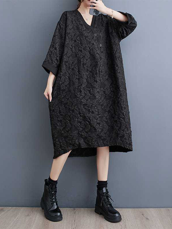 A-Line Half Sleeves Asymmetric Buttoned Jacquard V-Neck Midi Dresses