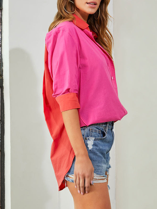 Loose Wrap Buttoned Contrast Color Lapel Blouses&Shirts Tops