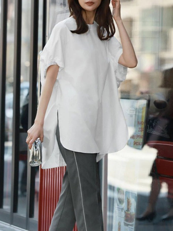 High-low Loose Elasticity Solid Color Split-side Round-neck T-Shirts Tops