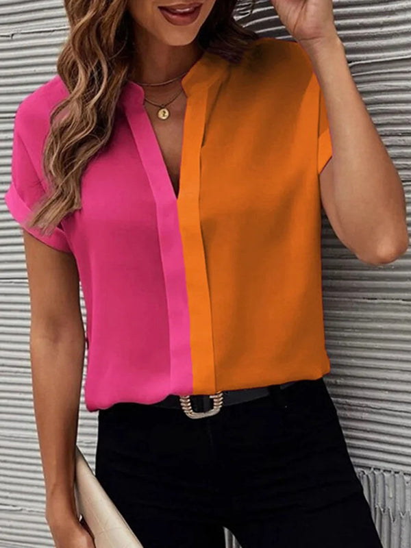 Short Sleeves Contrast Color Split-Joint V-Neck Blouses&Shirts Tops