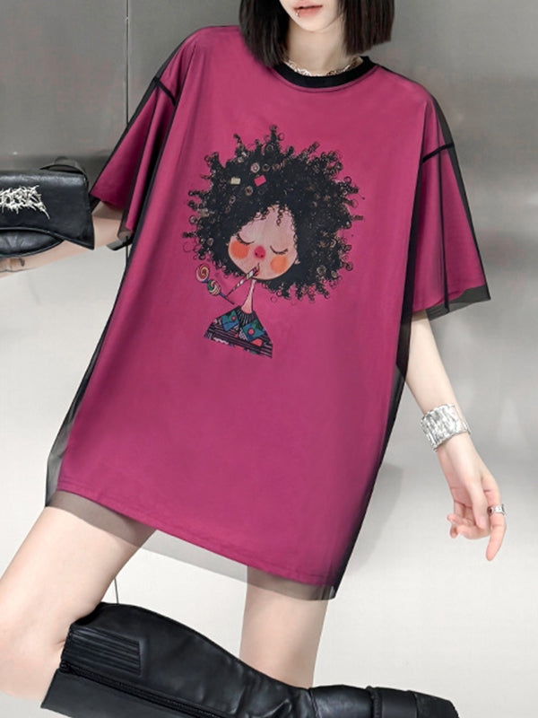 False Two Loose Gauze Printed Split-Joint Tiered Round-Neck T-Shirts Tops