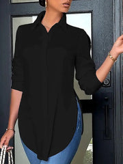 Casual Loose Long Sleeves Split-Side Solid Color Polo Blouses&Shirts Tops