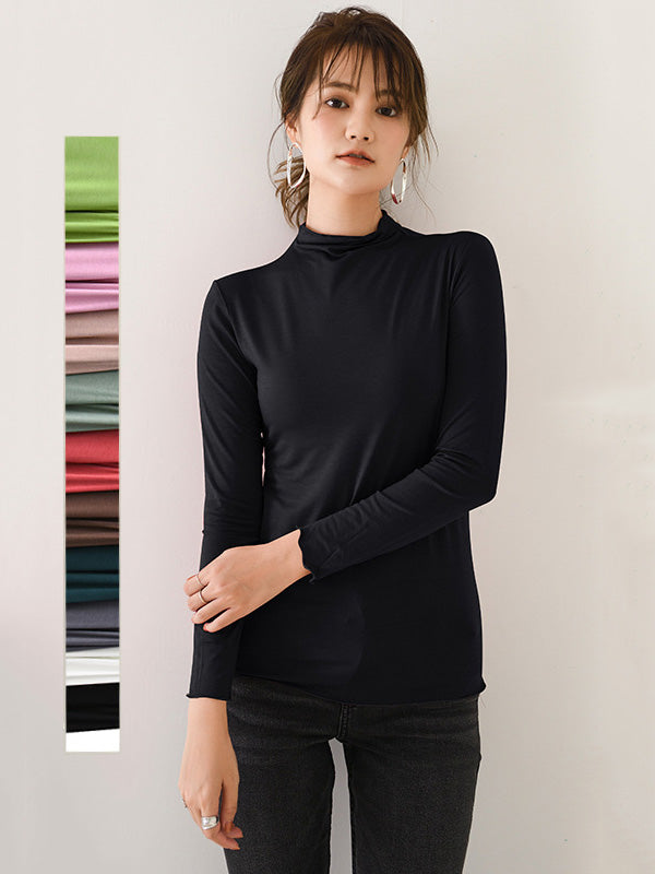 10 Colors Simple Solid Color Long Sleeves High-Neck T-Shirt Top