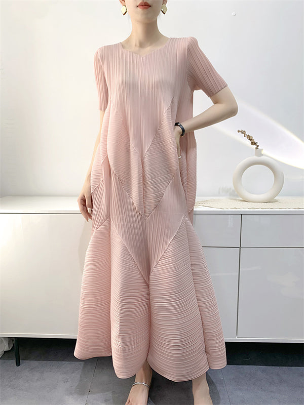 Loose Short Sleeves Pleated Solid Color Split-Joint V-Neck Midi Dresses