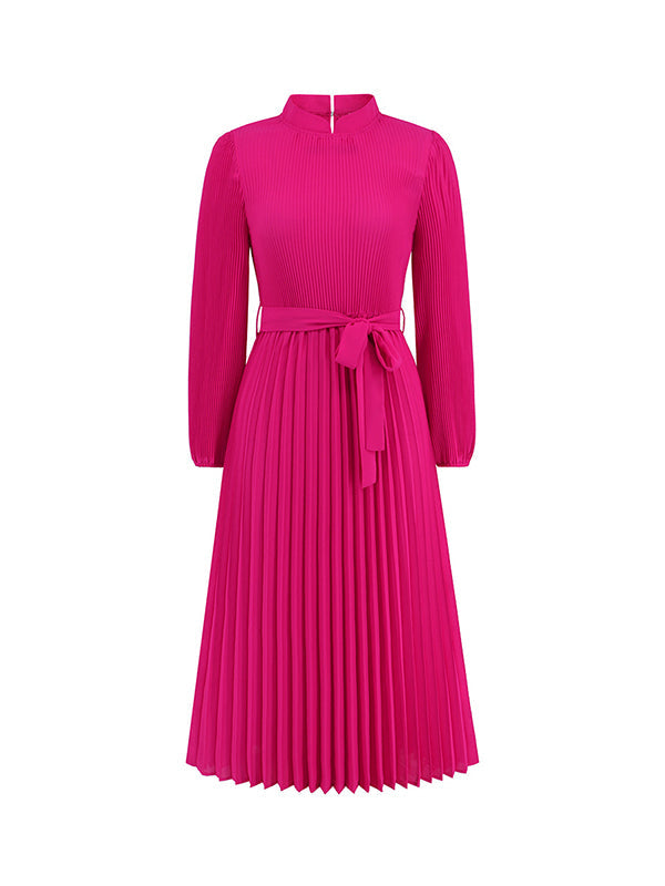 Bishop Sleeve High Waisted Hollow Pleated Solid Color Tied Waist Mock Neck Midi Dresses