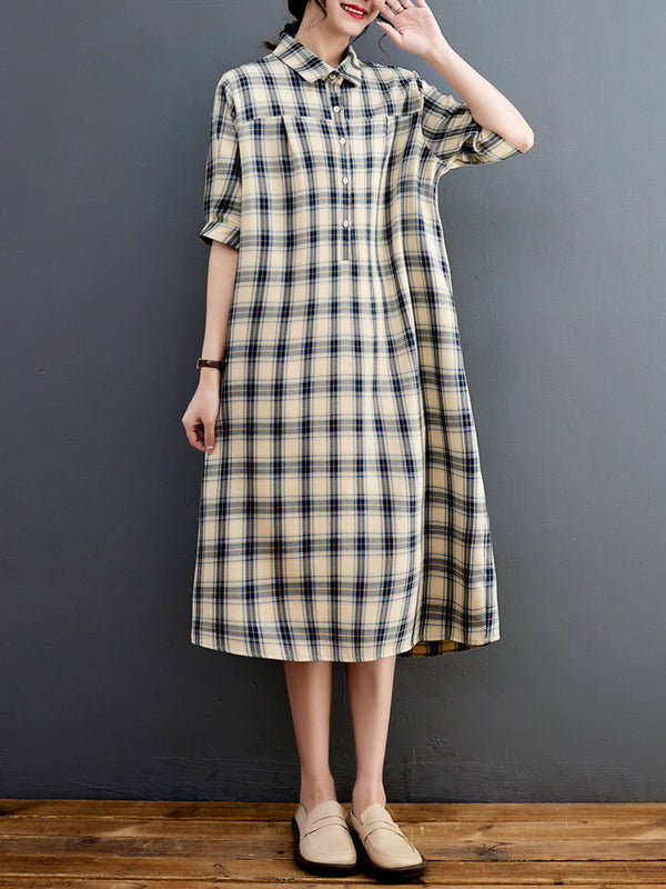 Half Sleeves Loose Plaid Lapel Midi Dresses