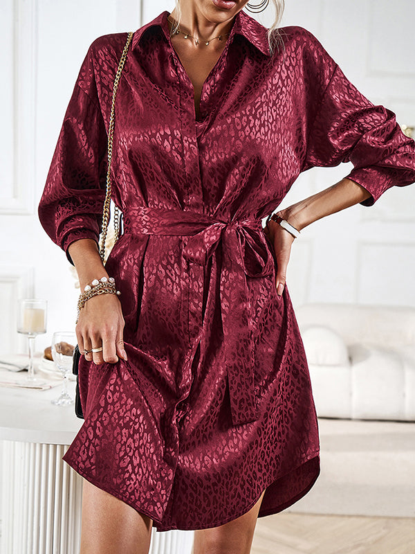 Long Sleeves Loose Buttoned Leopard Tied Waist Lapel Mini Dresses Shirt Dress