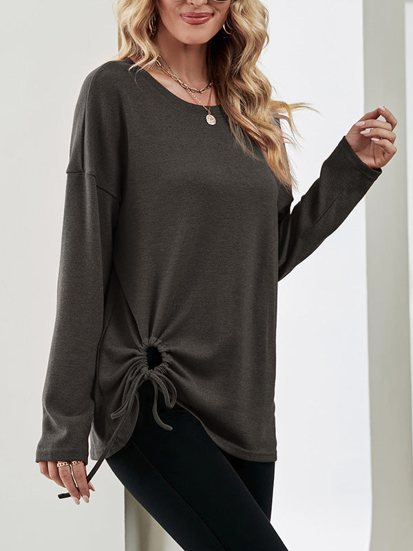 Long Sleeves Loose Asymmetric Drawstring Hollow Solid Color Round-Neck T-Shirts Tops