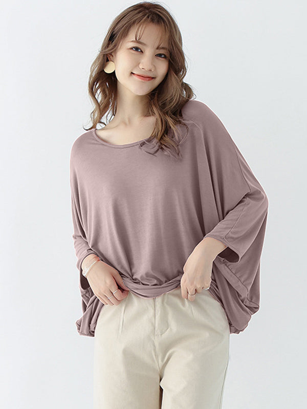 Vintage Loose Round-Neck Batwing Sleeves Shirts