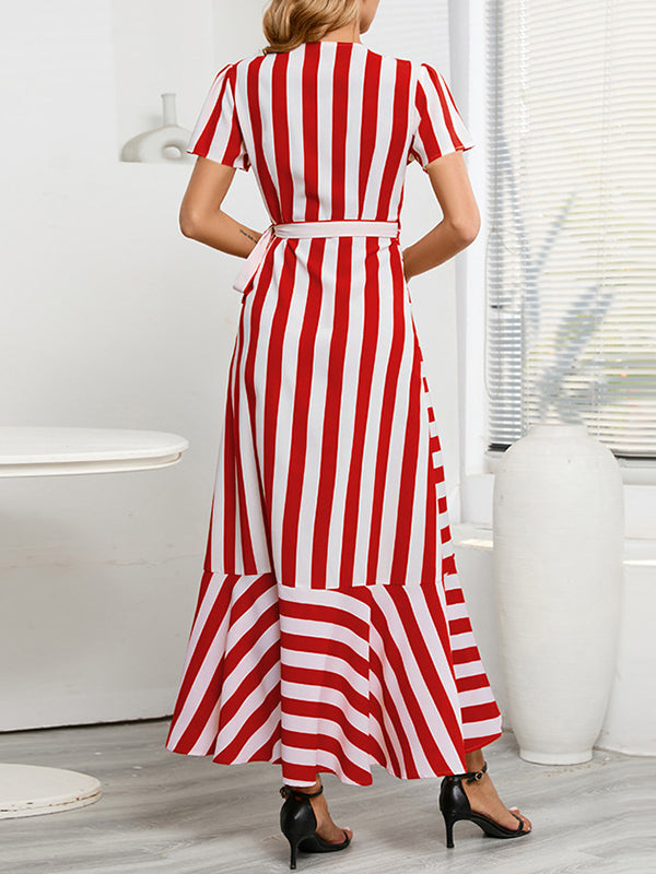 High-Low Loose Split-Joint Striped Tied V-Neck Maxi Dresses