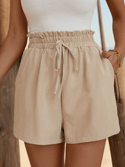 Loose Drawstring Elasticity Pleated Pockets Ruffle Trim Solid Color Shorts Bottoms