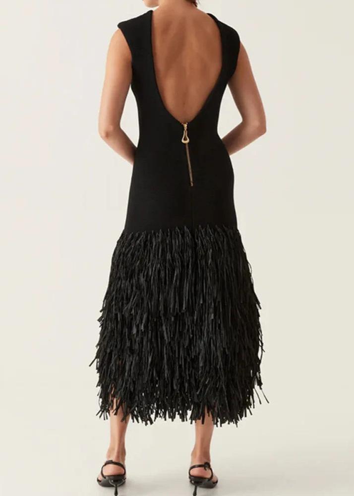 Noir Fringe Knit Midi Dress