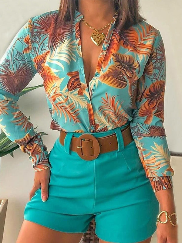 Long Sleeves Buttoned Flower Print Deep V-Neck Shirts Top +Belted Shorts Bottom Two Pieces Set