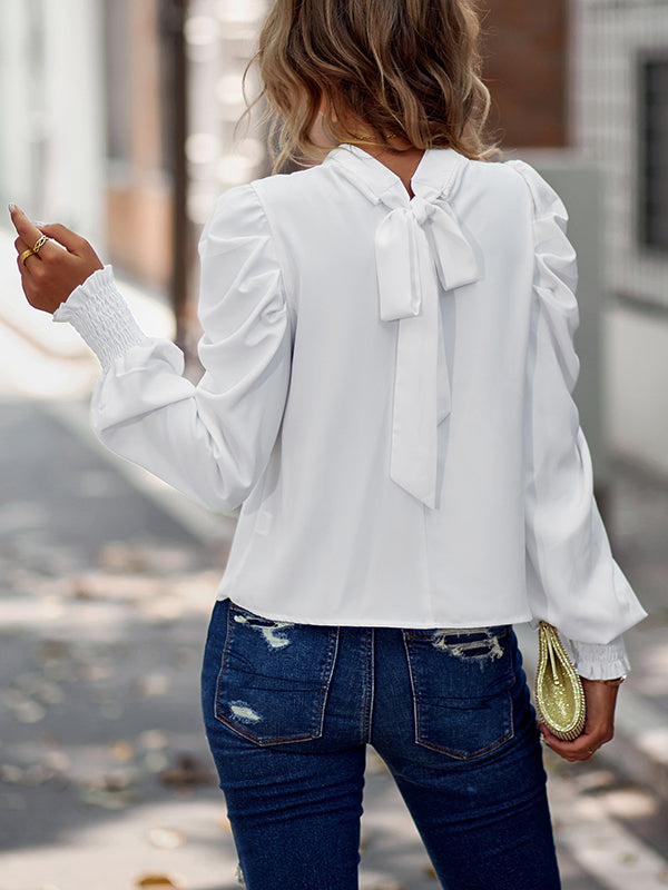 Casual Long Sleeves Puff Sleeves Pleated Solid Color Half Turtleneck Blouses&Shirts Tops