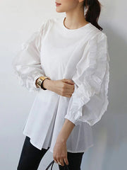 Trendy Tops Loose Puff Sleeves Plaid Agaric Laces Falbala Round-Neck Blouses