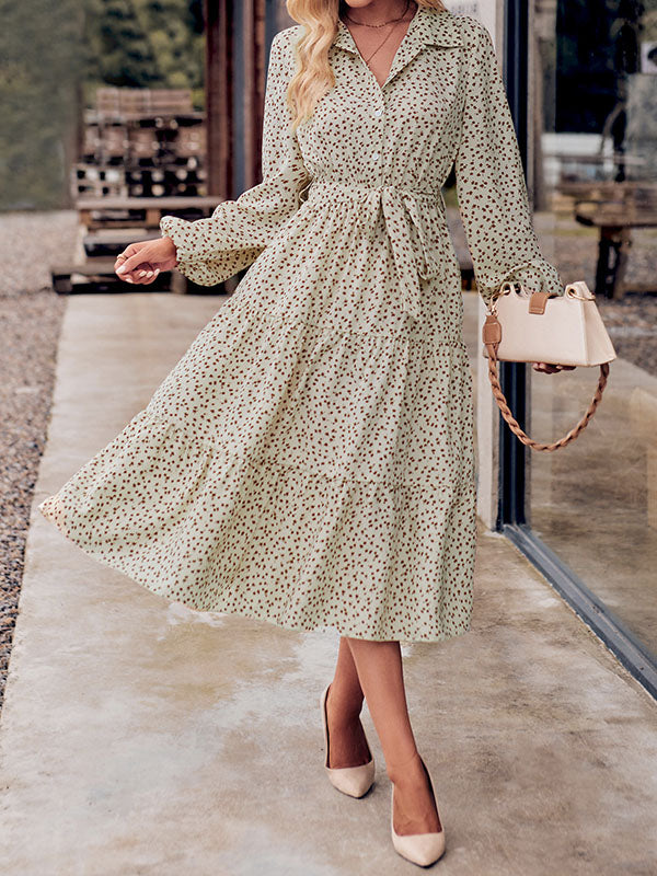 A-Line Long Sleeves Buttoned Flower Print Pleated Split-Joint Tied Waist Lapel Midi Dresses