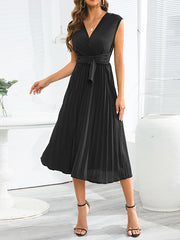 Sleeveless Pleated Solid Color Tied Waist V-Neck Midi Dresses