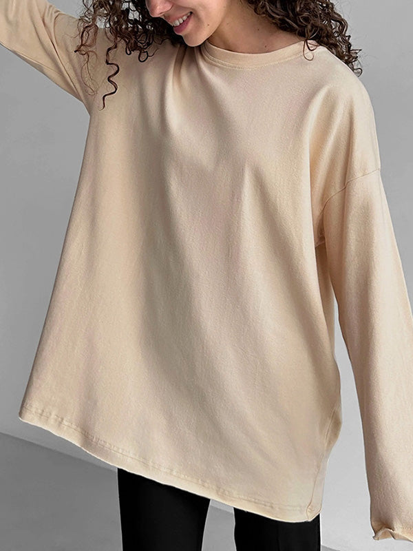 Long Sleeves Loose Solid Color Round-Neck T-Shirts Tops