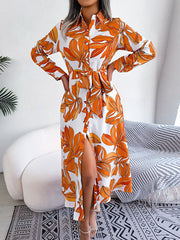 Long Sleeves Loose Printed Split-Joint Tied Waist Lapel Shirt Dress