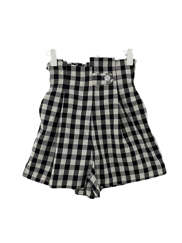 High Waisted Loose Buttoned Elasticity Plaid Shorts Bottoms