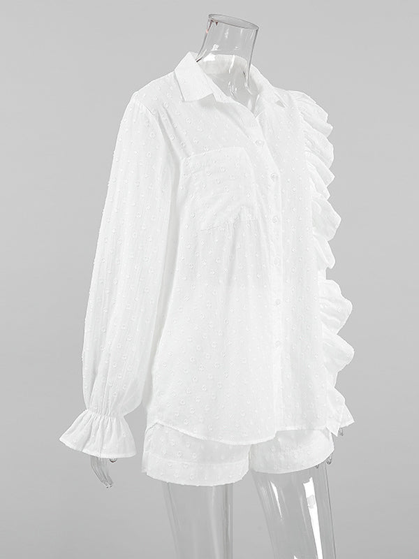 Loose Solid Color Jacquard Ruffled Split-Joint Lapel Blouse + High Waisted Shorts Two Pieces Set