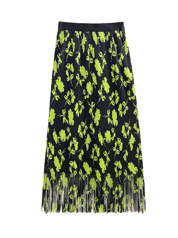 High Waisted H-Line Pleated Printed Split-Joint Tasseled Skirts