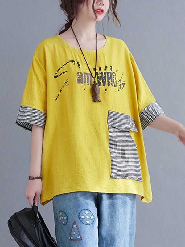 Original Letter Print Split-Joint Round-Neck T-Shirts Tops