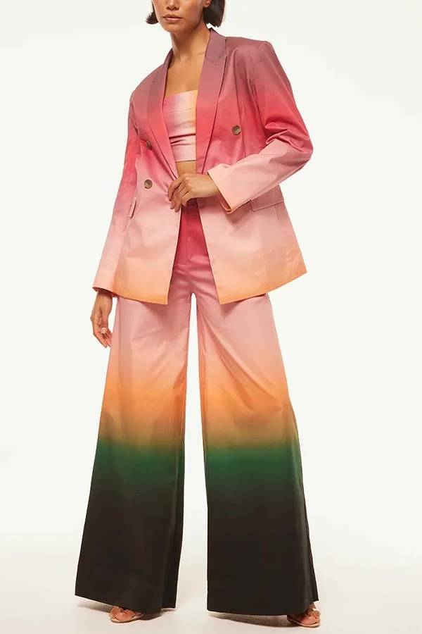 Sunset Dinner Gradient Print Button Lapel Blazer and Pocketed Wide Leg Pants Set