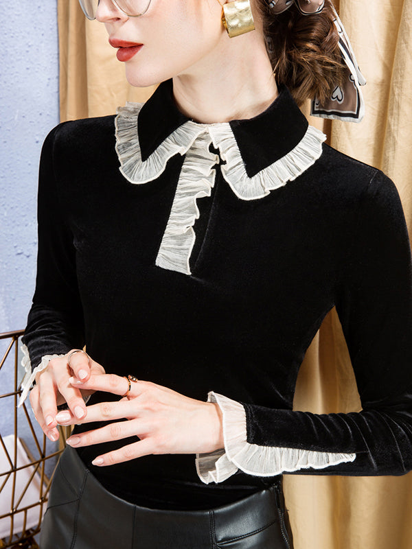 Long Sleeves Skinny Hollow Ruffled Peter Pan Collar T-Shirts Tops